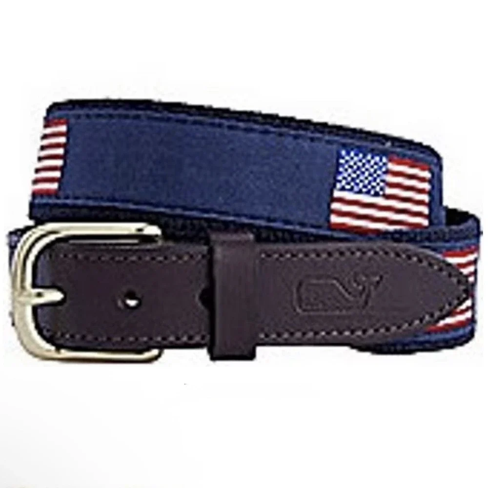 Vineyard Vines Boys Size 26 Navy American Flag Belt Brown Leather Brass Buckle